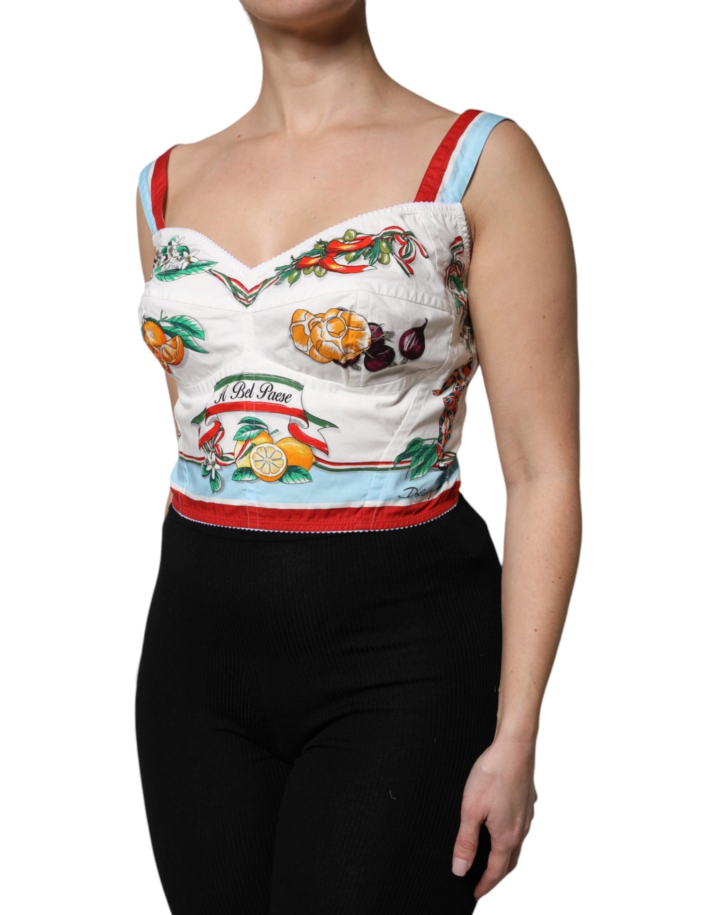 Dolce & Gabbana White Vegetable Print Sweetheart Cropped Top