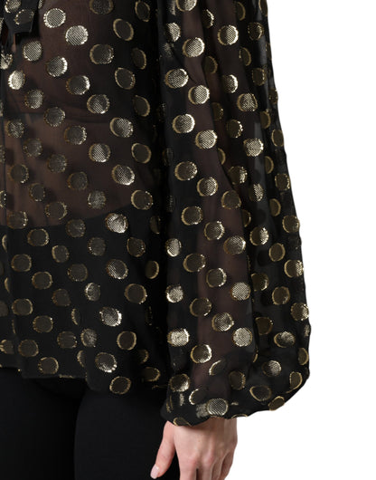 Dolce & Gabbana Black Sheer Tied Neck Polka Dots Blouse Top