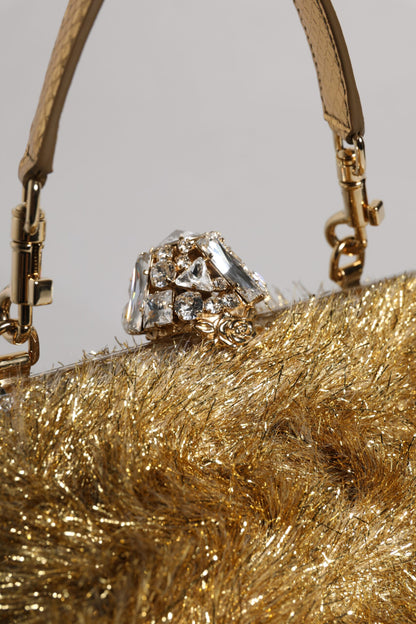 حقيبة كلاتش دولتشي آند غابانا الذهبية من فاندا، بحزام سلسلة، مزينة بالكريستال اللامع، ومزينة بسلسلة