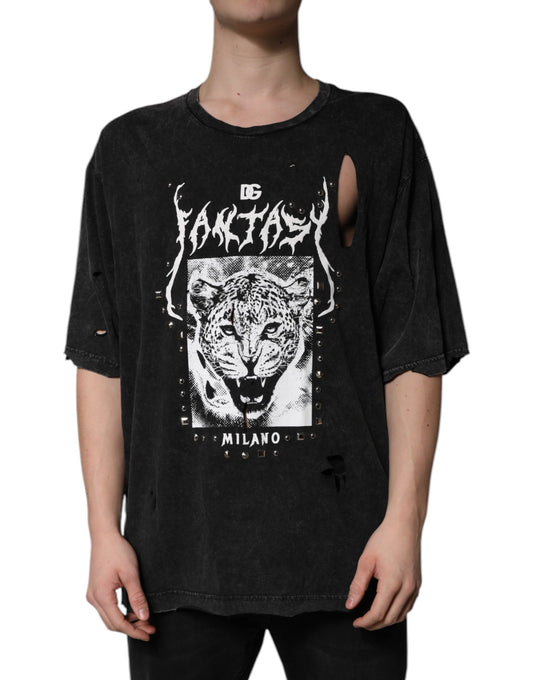 تي شيرت دولتشي آند غابانا أسود من القطن بطبعة جرافيكية ورقبة دائرية