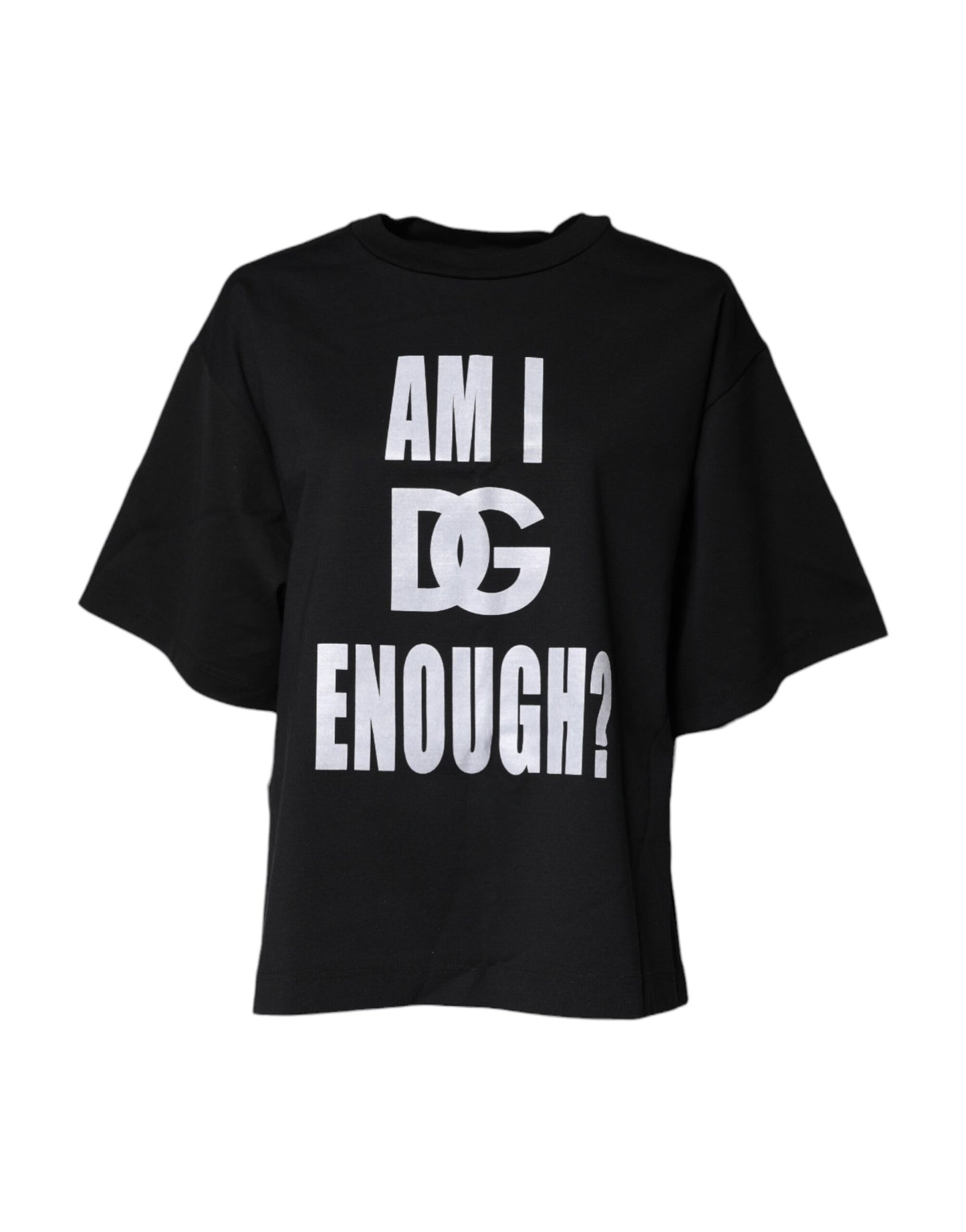 تي شيرت دولتشي آند غابانا أسود مطبوع من القطن برقبة دائرية