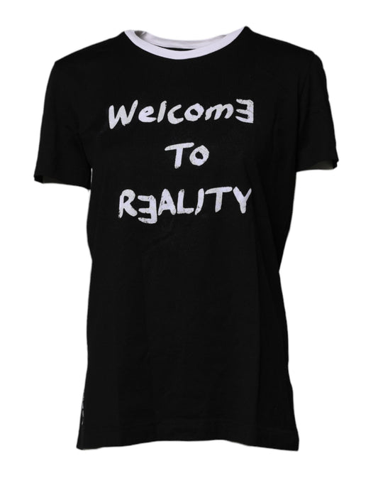 تي شيرت قطني أسود مطبوع برقبة دائرية من دولتشي آند غابانا