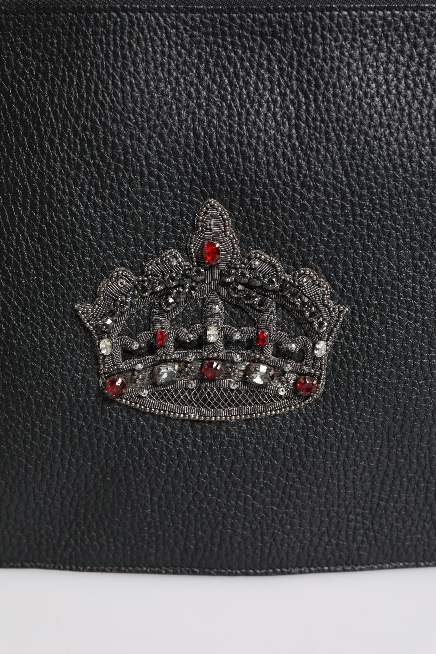 Dolce & Gabbana Black Calfskin Crown Embellished Clutch Pouch Bag