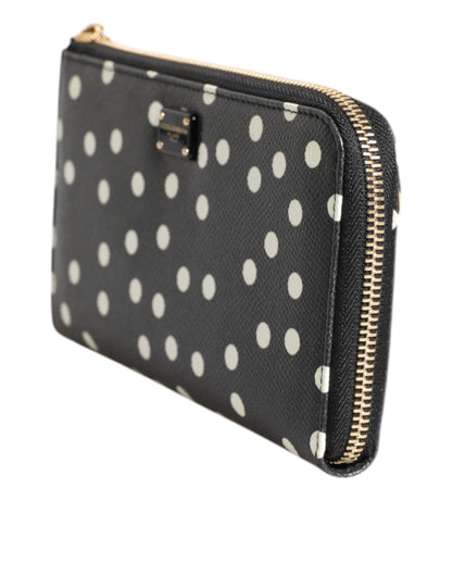 Dolce & Gabbana Black White Dotted Leather Zip Around Continental Wallet