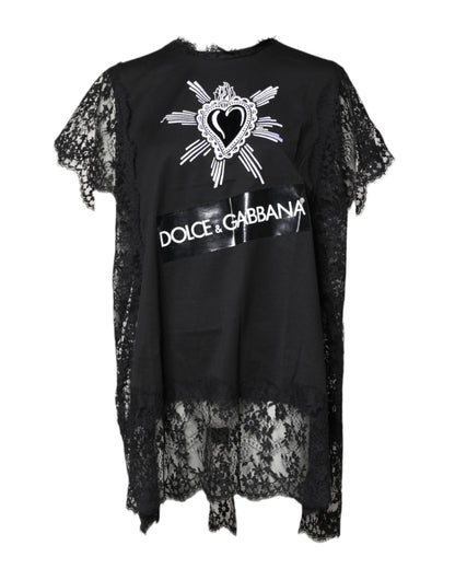 Dolce & Gabbana Black Lace Sheer Sacred Heart Crew Neck Top