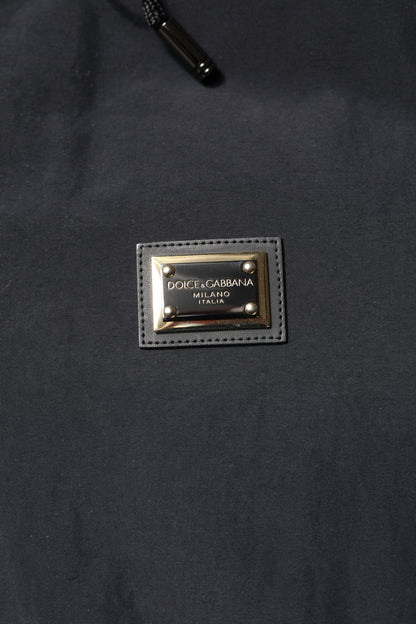 جاكيت باركا أسود من النايلون بسحاب كامل وغطاء للرأس من دولتشي آند غابانا