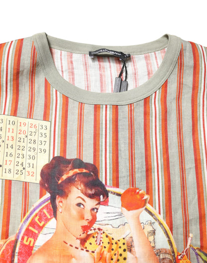 تي شيرت دولتشي آند غابانا متعدد الألوان مخطط جرافيكي من الكتان بياقة دائرية