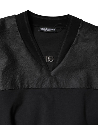 تي شيرت دولتشي آند غابانا أسود من القطن بأكمام قصيرة ورقبة على شكل حرف V