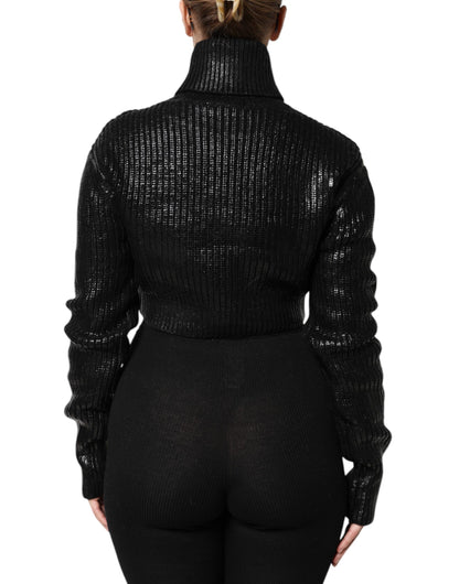 Dolce & Gabbana Black Wool Long Sleeve Turtleneck Cropped Top