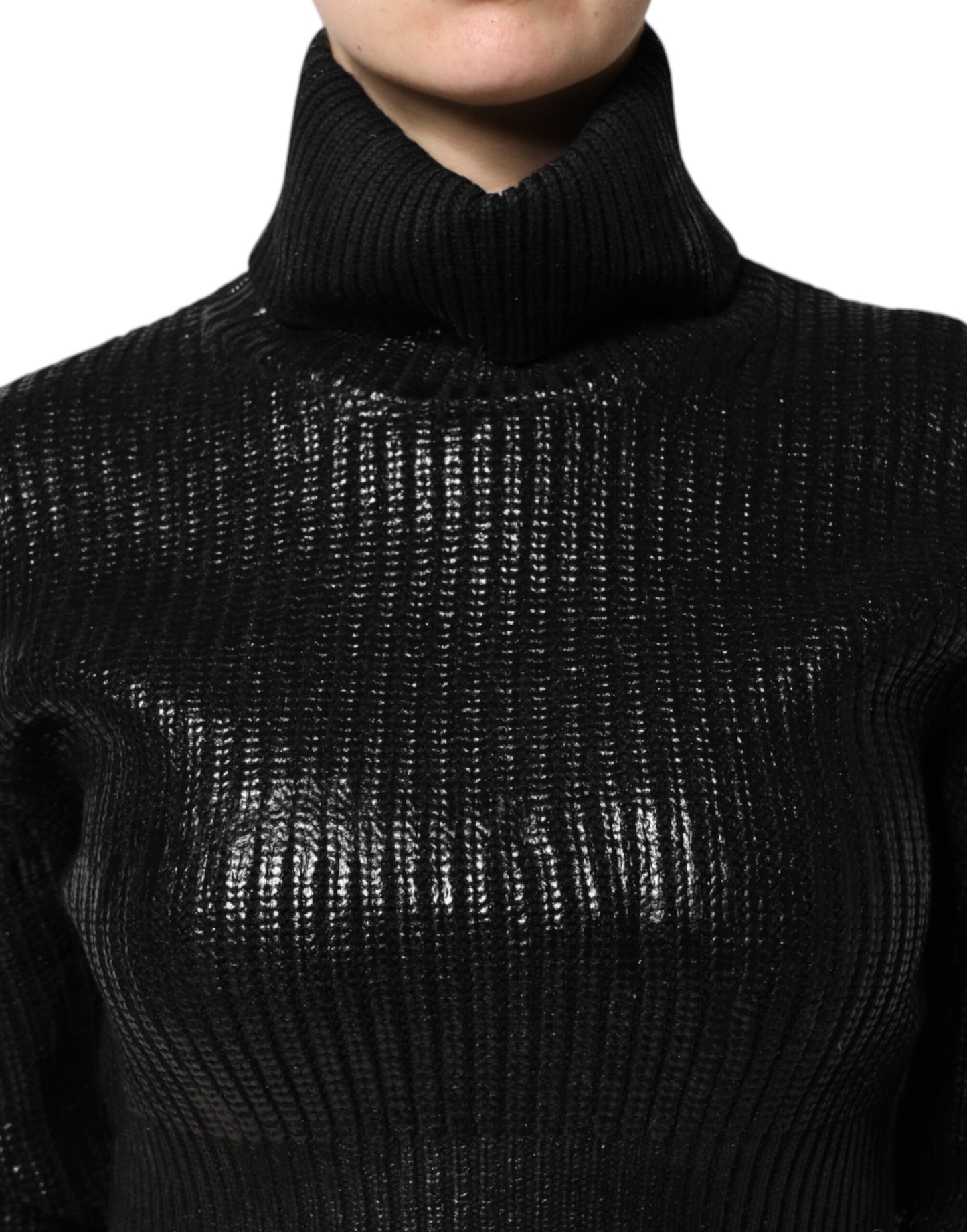 Dolce & Gabbana Black Wool Long Sleeve Turtleneck Cropped Top
