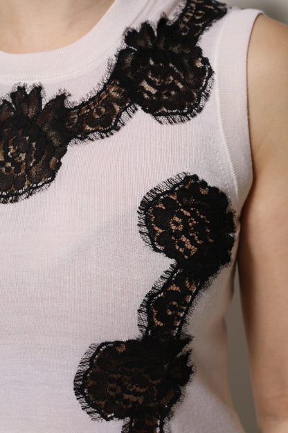توب دولتشي آند غابانا أبيض من الكشمير مع تفاصيل دانتيل زهرية