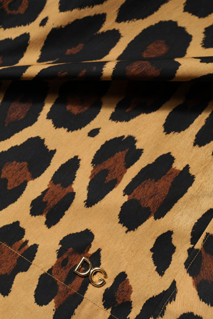 بلوزة بولو دولتشي آند غابانا بنية اللون بأكمام قصيرة وياقة ونقشة جلد النمر