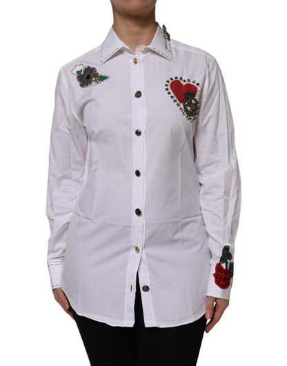 Dolce & Gabbana White Cotton Floral Embellished Shirt Top
