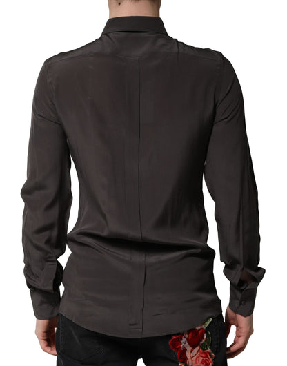 قميص رجالي رسمي من دولتشي آند غابانا، حرير بني داكن، ذهبي