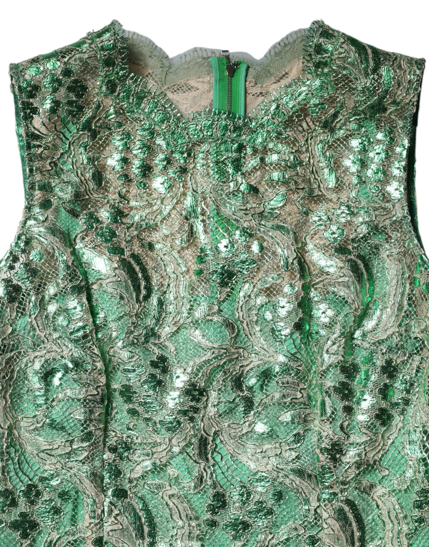 فستان دولتشي آند غابانا متوسط ​​الطول من القطن الأخضر المزين بالدانتيل المزهر