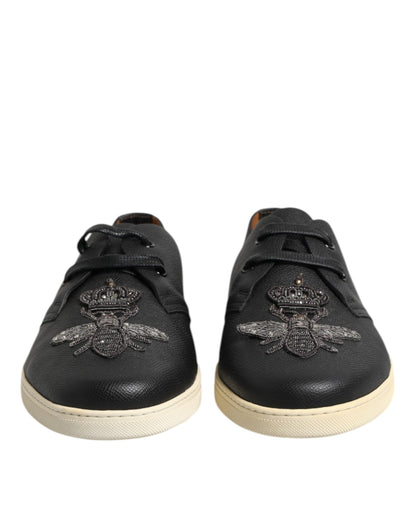 Dolce & Gabbana Black Leather Bee Crown Low Top Sneakers Shoes