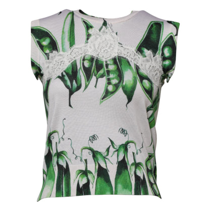 Dolce & Gabbana White Green Pea Print Sleeveless Blouse Top