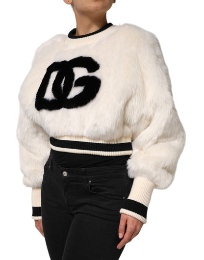 Dolce & Gabbana White Cropped Faux Fur DG Sweatshirt Sweater