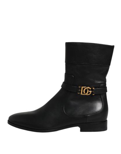Dolce & Gabbana Black Leather Flats Logo Short Boots Shoes