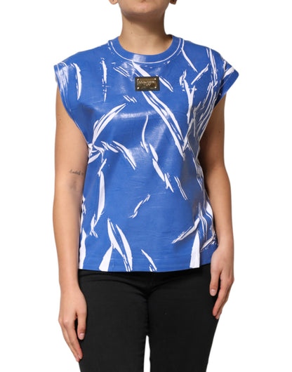 توب نسائي بدون أكمام من القطن باللون الأزرق والأبيض بشعار دولتشي آند غابانا