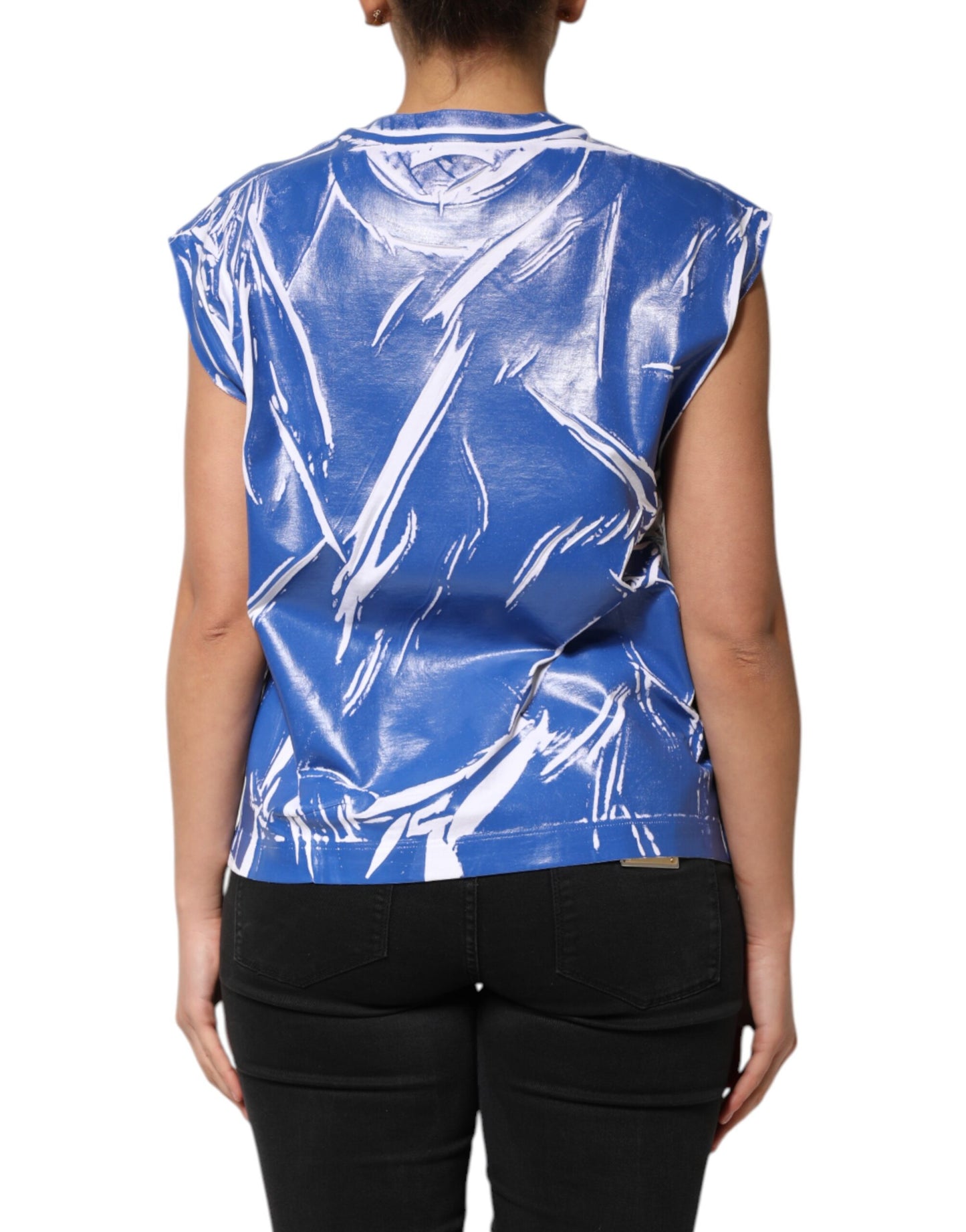 توب نسائي بدون أكمام من القطن باللون الأزرق والأبيض بشعار دولتشي آند غابانا