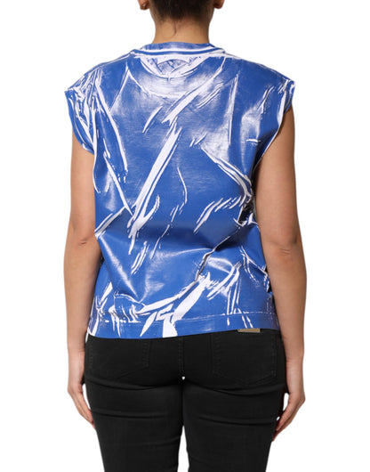توب نسائي بدون أكمام من القطن باللون الأزرق والأبيض بشعار دولتشي آند غابانا