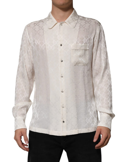 Dolce & Gabbana White Silk DG Logo Print Long Sleeves Shirt