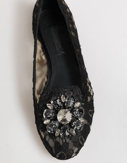 Dolce & Gabbana Black Taormina Lace Crystals Flats Shoes