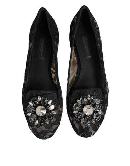 Dolce & Gabbana Black Taormina Lace Crystals Flats Shoes