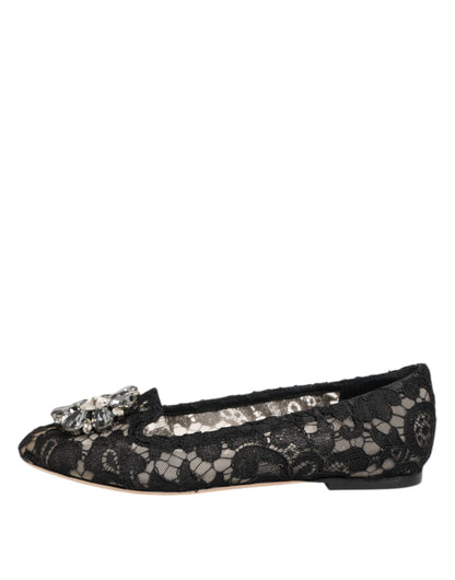 Dolce & Gabbana Black Taormina Lace Crystals Flats Shoes