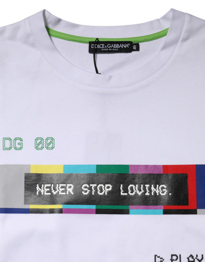 تي شيرت دولتشي آند غابانا أبيض قطني مطبوع بأكمام قصيرة 