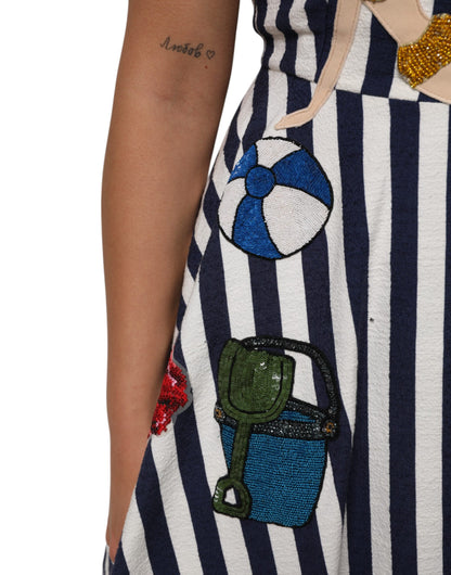 فستان دولتشي آند غابانا أزرق أبيض مخطط مطرز على شكل حرف A