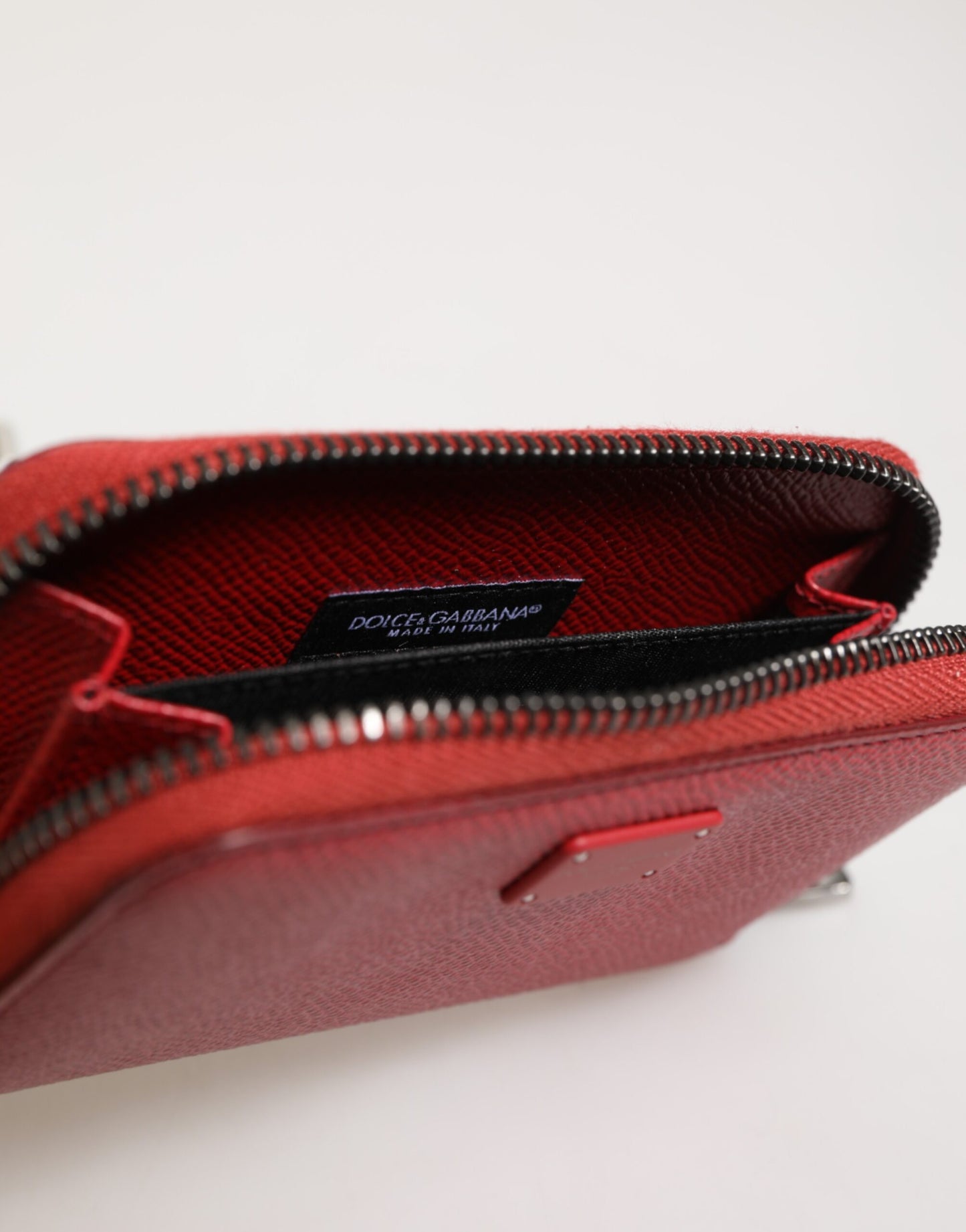 Dolce & Gabbana Red Leather Zip Around Logo Plaque Men Coin Purse Wallet