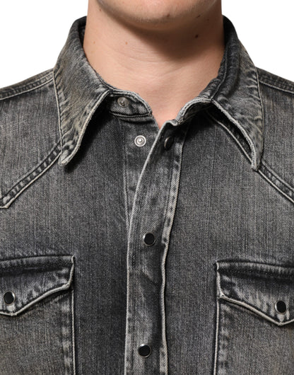 قميص دولتشي آند غابانا كاجوال بأكمام طويلة من القطن المغسول باللون الأسود