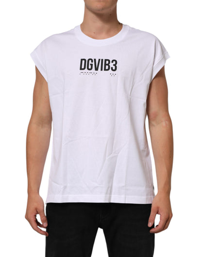 تي شيرت دولتشي آند غابانا أبيض قطني بدون أكمام مطبوع