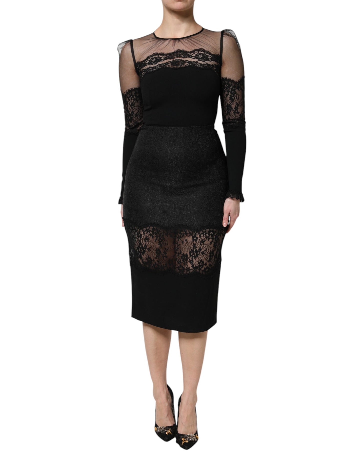 Dolce & Gabbana Black Lace Trim Nylon Tulle SheathMidi Dress