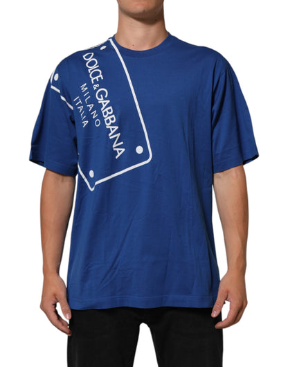 تي شيرت رجالي من دولتشي آند غابانا بطبعة شعار أزرق من القطن برقبة دائرية