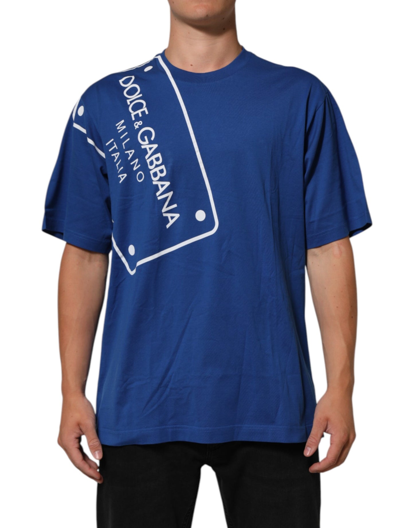 تي شيرت رجالي من دولتشي آند غابانا بطبعة شعار أزرق من القطن برقبة دائرية