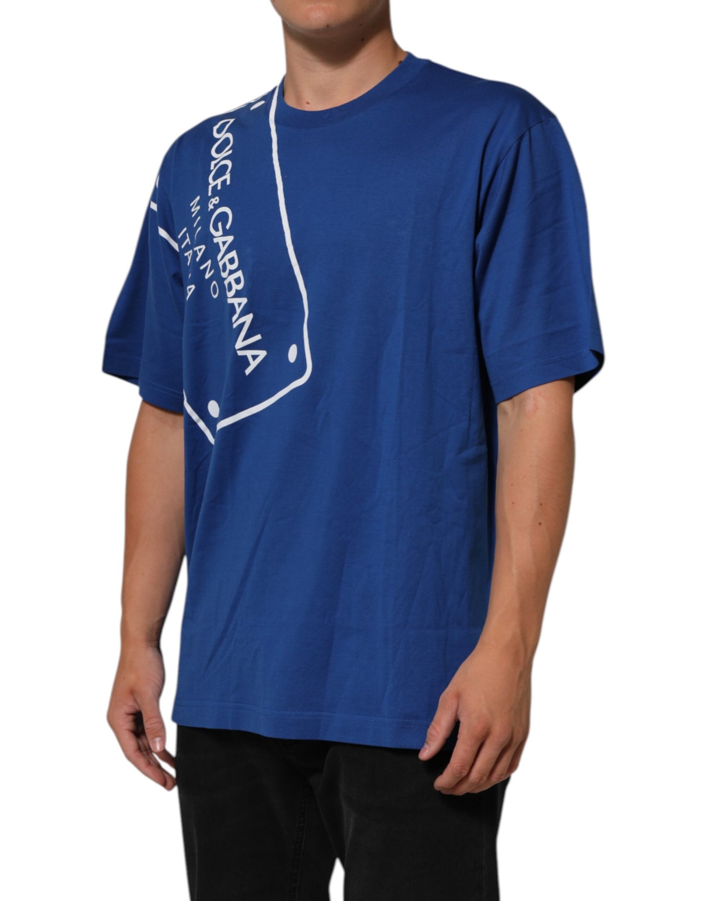 تي شيرت رجالي من دولتشي آند غابانا بطبعة شعار أزرق من القطن برقبة دائرية