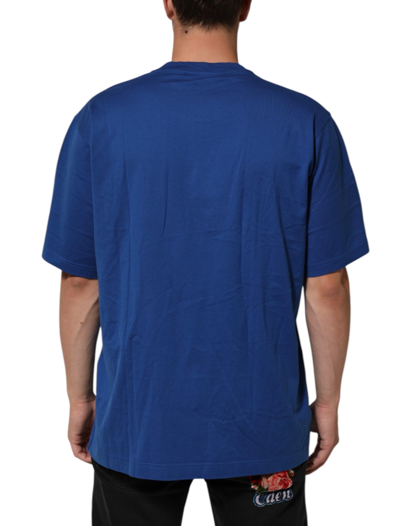 تي شيرت رجالي من دولتشي آند غابانا بطبعة شعار أزرق من القطن برقبة دائرية