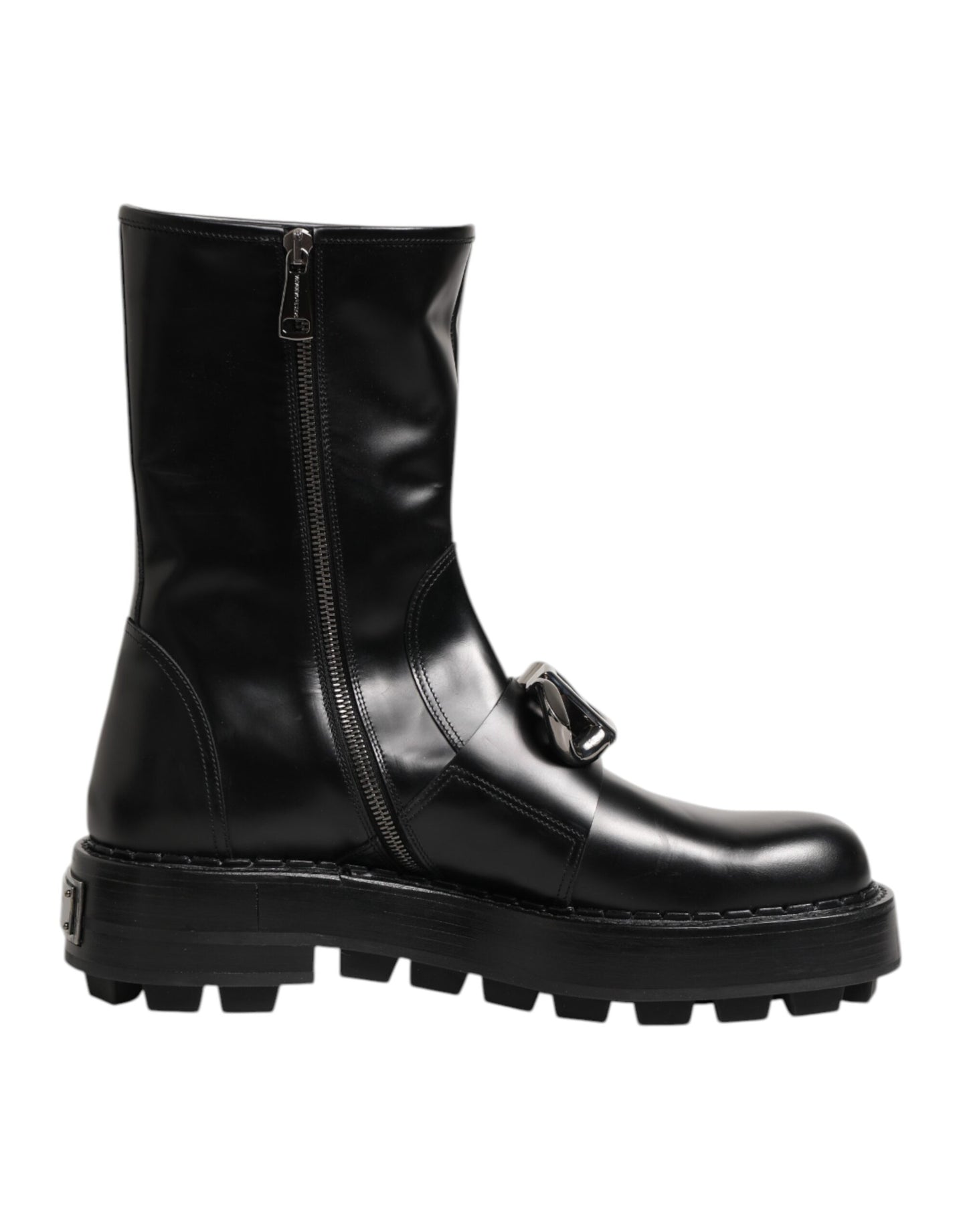 Dolce & Gabbana Black Logo Plaque Mid Calf Biker Boots Shoes