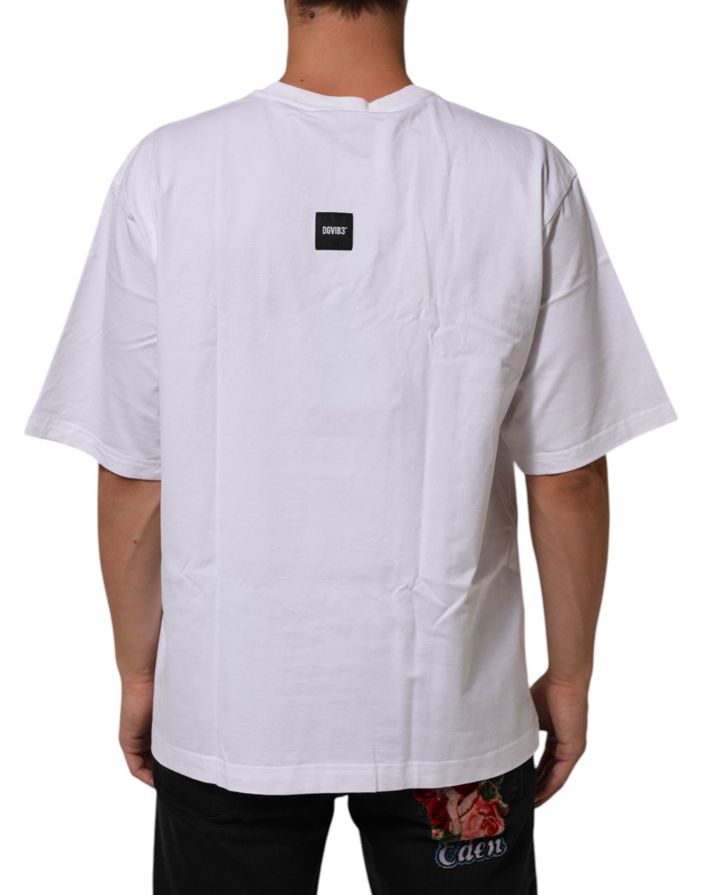 تي شيرت دولتشي آند غابانا أبيض قطني بطبعة شعار ورقبة دائرية