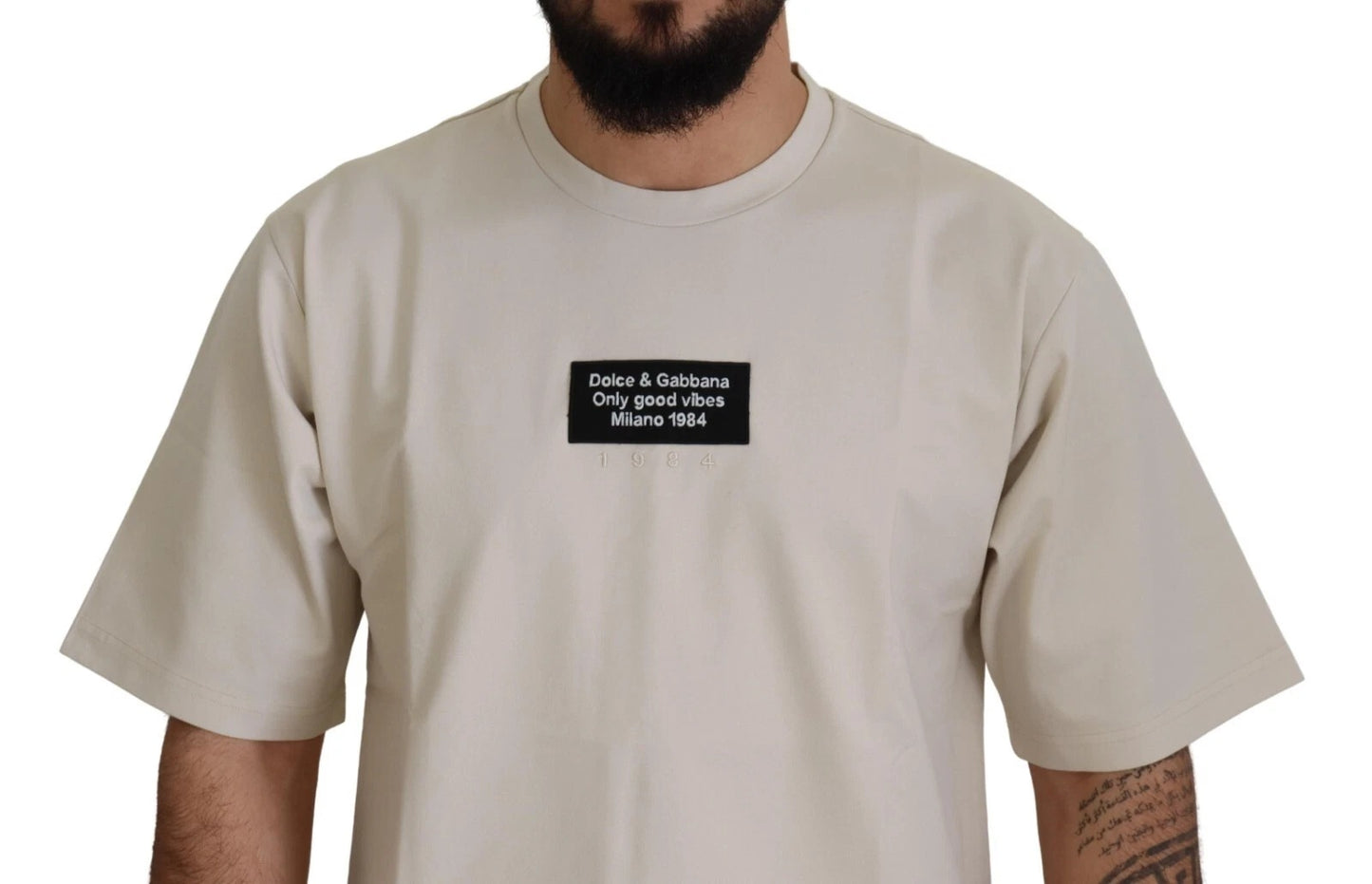 قميص دولتشي آند غابانا عاجي قطني مطبوع برقبة دائرية