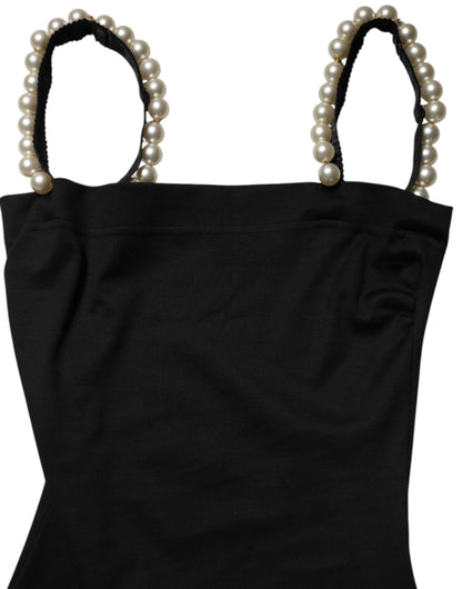 فستان دولتشي آند غابانا قصير من القطن باللون الأسود مع لؤلؤ صناعي