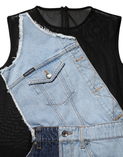 Dolce & Gabbana Blue Nylon Patchwork Denim Sheath Mini Dress