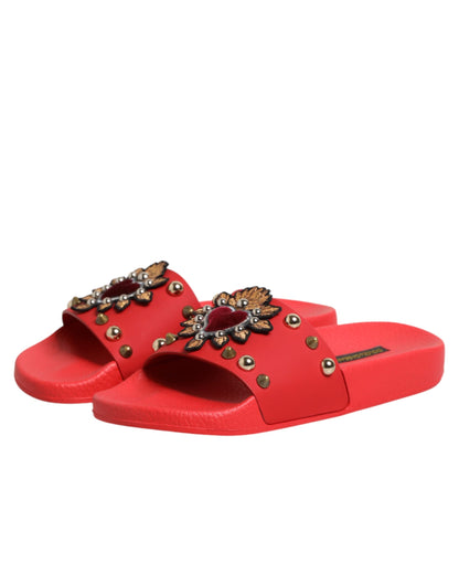 Dolce & Gabbana Red Sacred Heart Stud Slides Beachwear Shoes