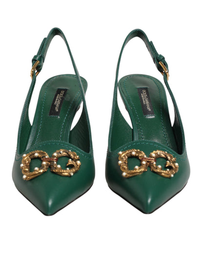 Dolce & Gabbana Green Leather AMORE Heels Slingbacks Shoes