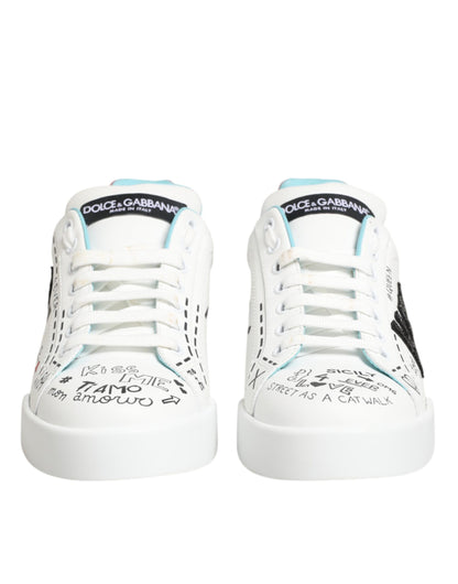 Dolce & Gabbana White Leather Graffiti Low Top Sneakers Shoes