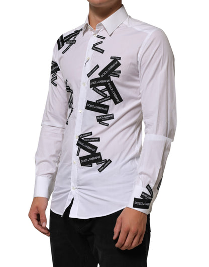 قميص دولتشي آند غابانا أبيض من القطن بشعار ذهبي وياقة