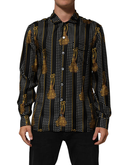 Dolce & Gabbana Black Dotted Tassel Silk Button Down Shirt